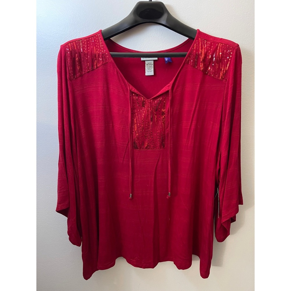 Catherines Red Sequin Split Neck 3/4 Sleeve Top 3XWP Petite Plus Size Blouse